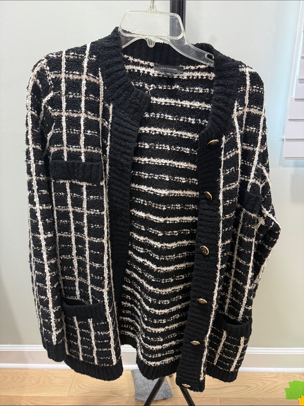 Ann Taylor Black and White Bouclé Grid Cardigan Jacket